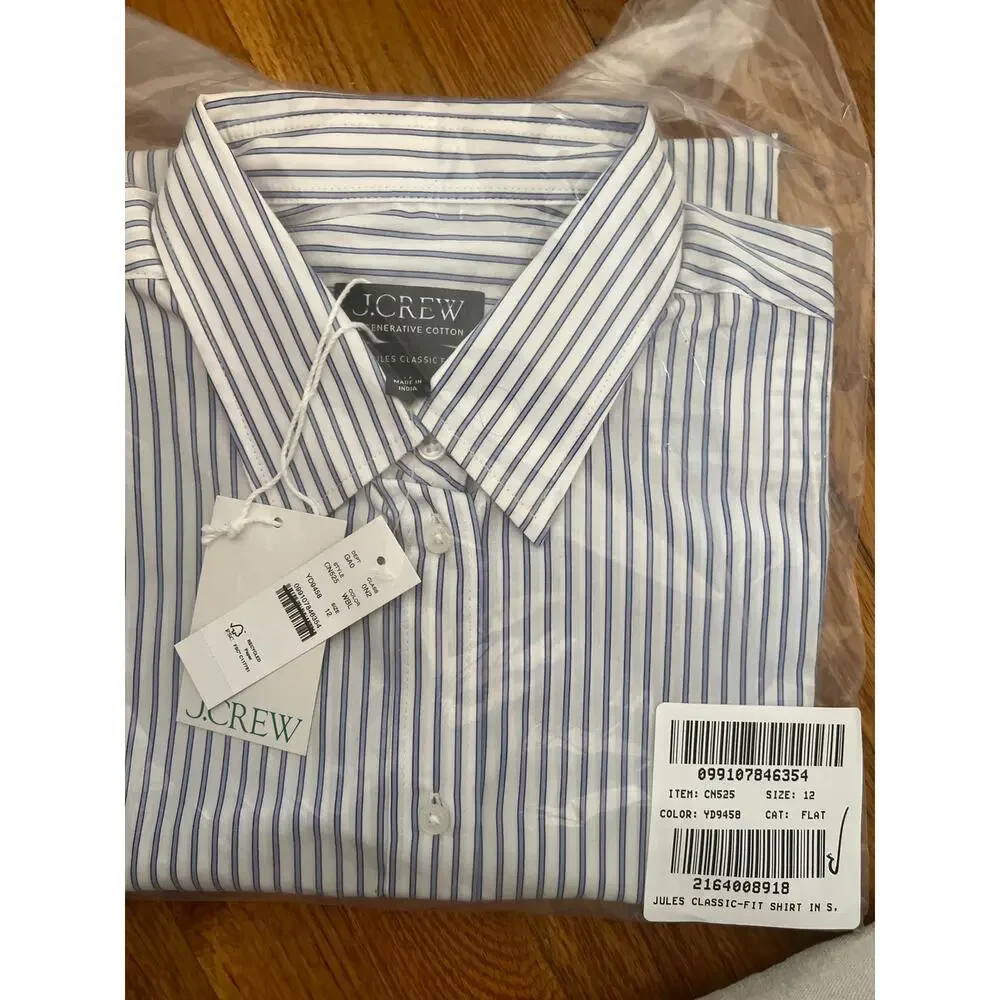 J. Crew Jules classic-fit shirt in striped cotton poplin in Blue Stripe NWT 12